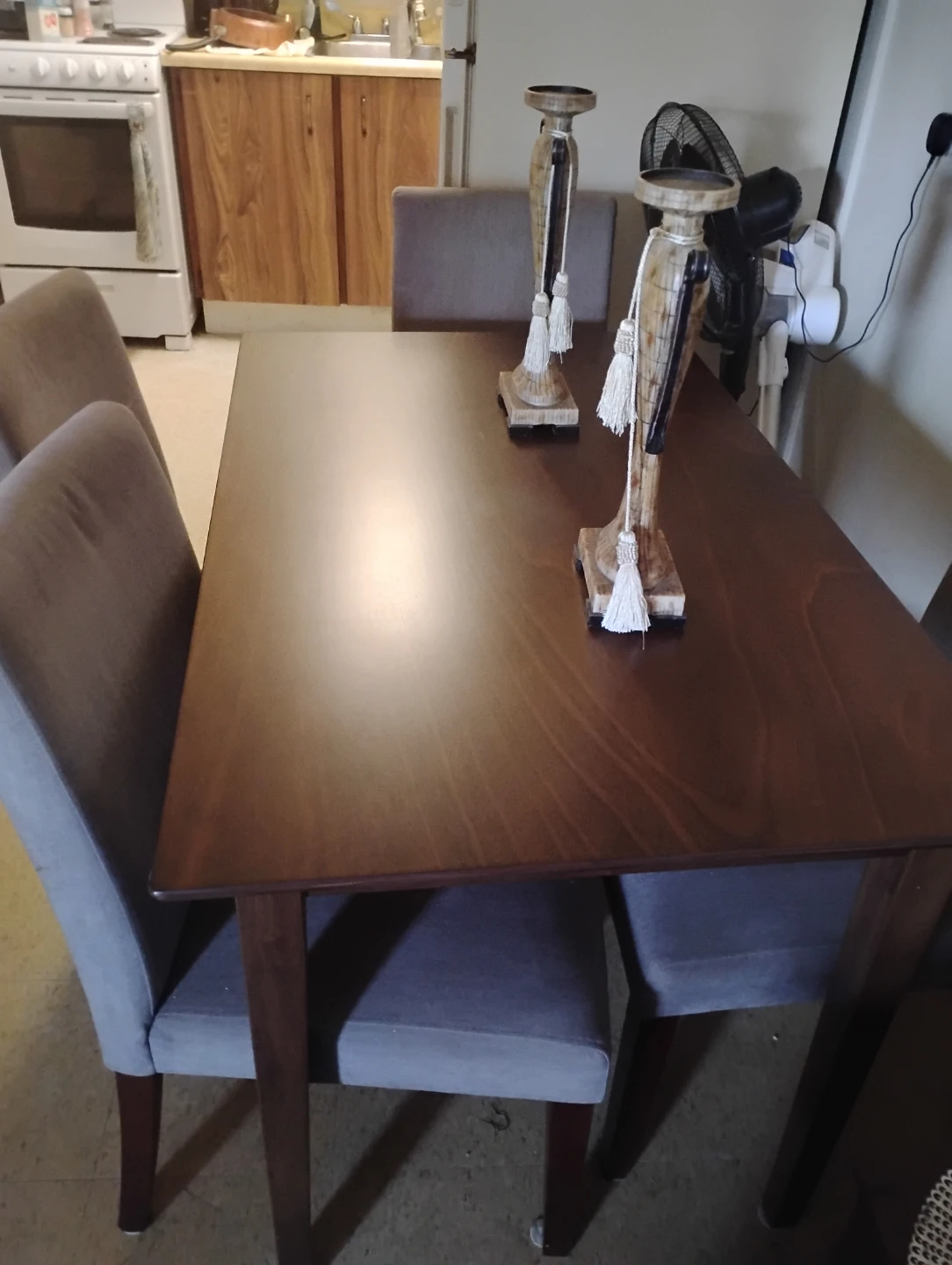Wooden Dining Table with 4 grey upholstered Chairs