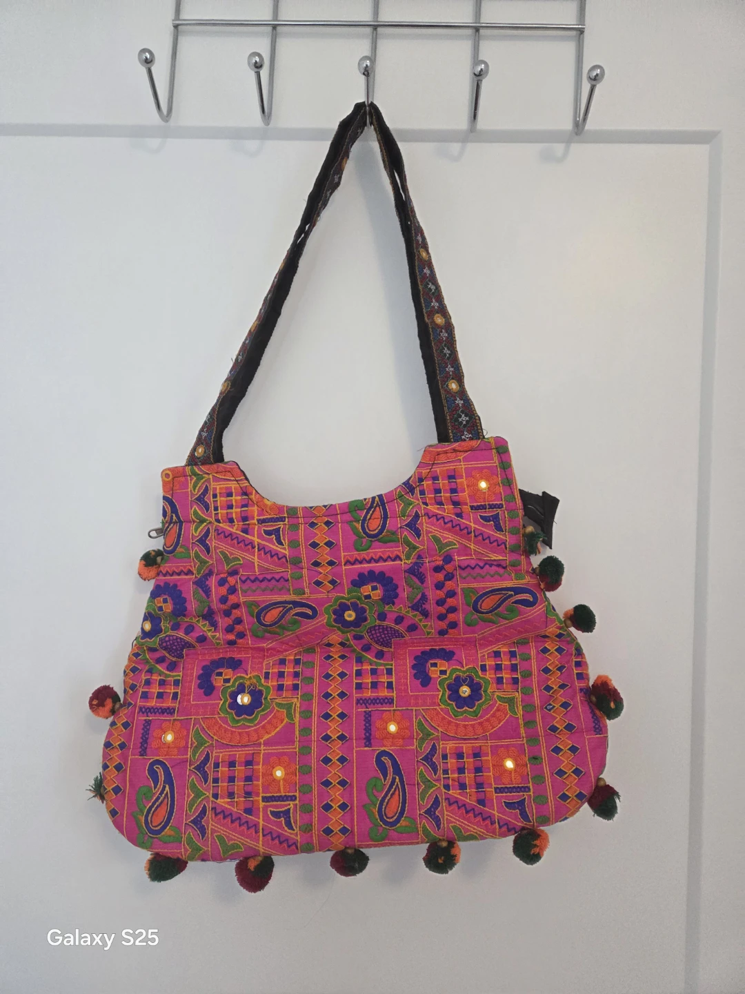 Embroidered Hobo Bag with Pom-Pom Trim