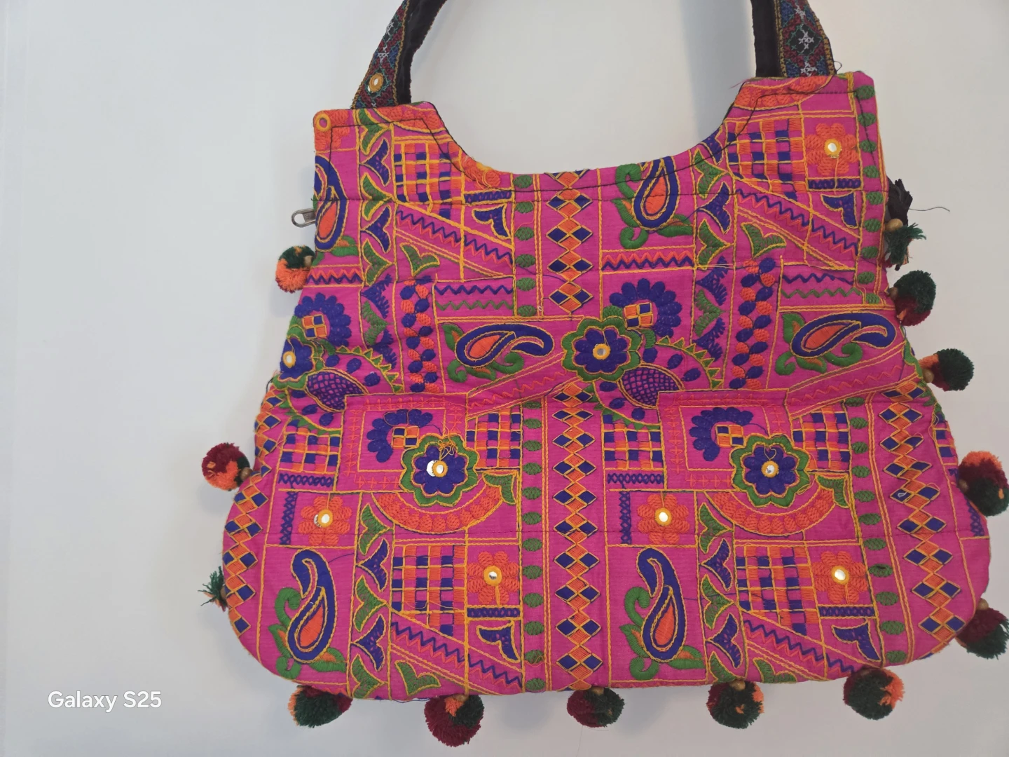 Embroidered Hobo Bag with Pom-Pom Trim - photo 2