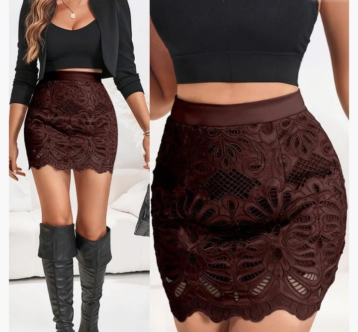 Women's Burgundy Faux Leather Lace Mini Skirt