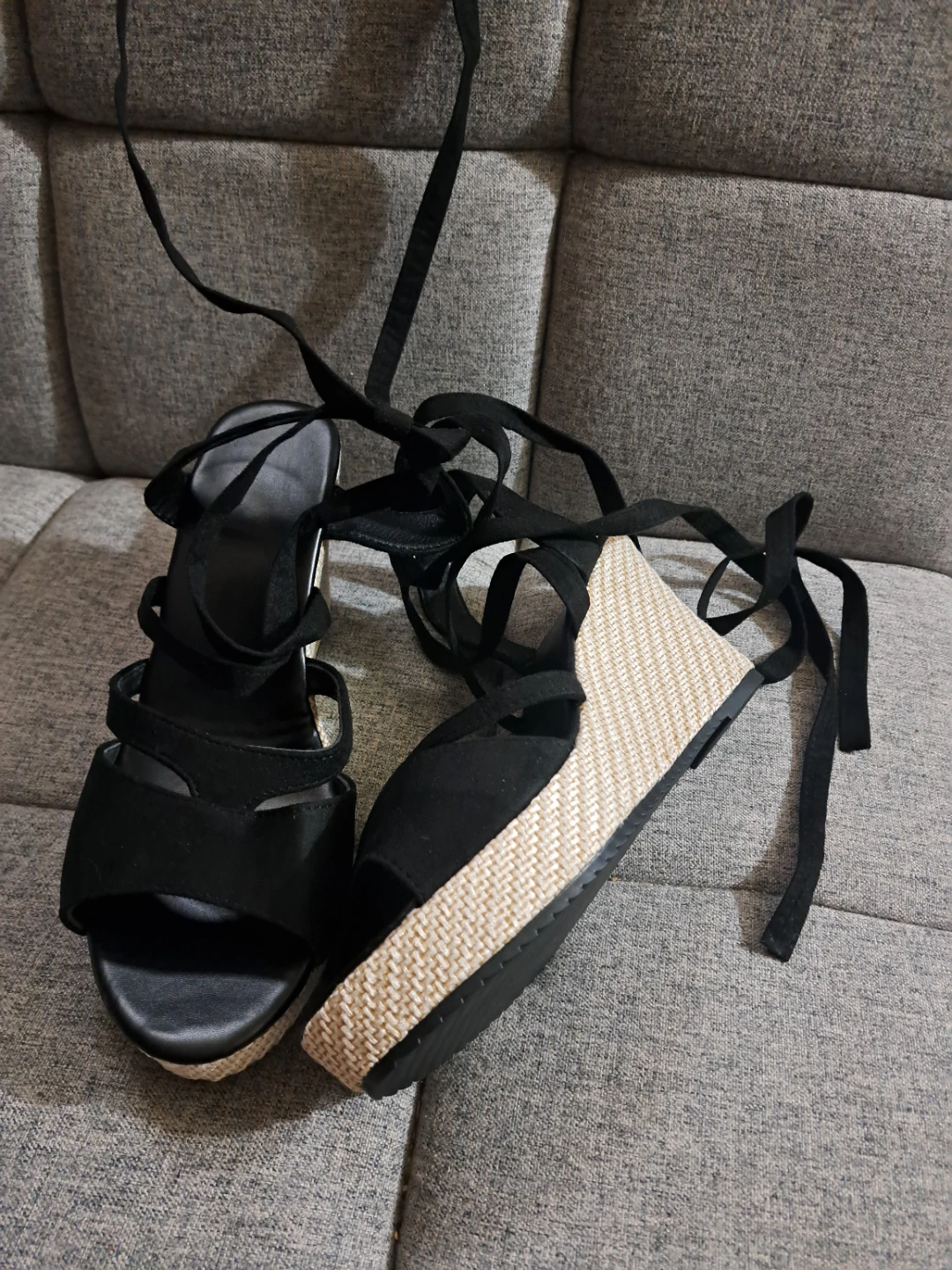 Black Wedge Espadrille Sandals with Lace-Up Ankle Straps