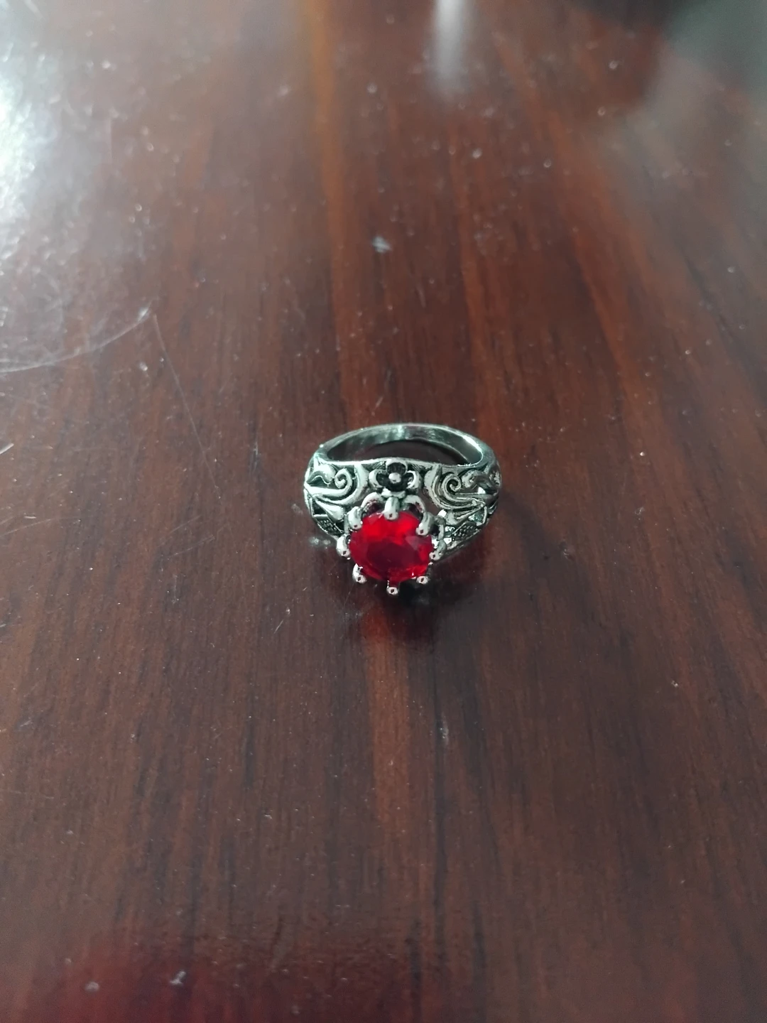 Sterling Silver Tone Ring with Red Gemstone