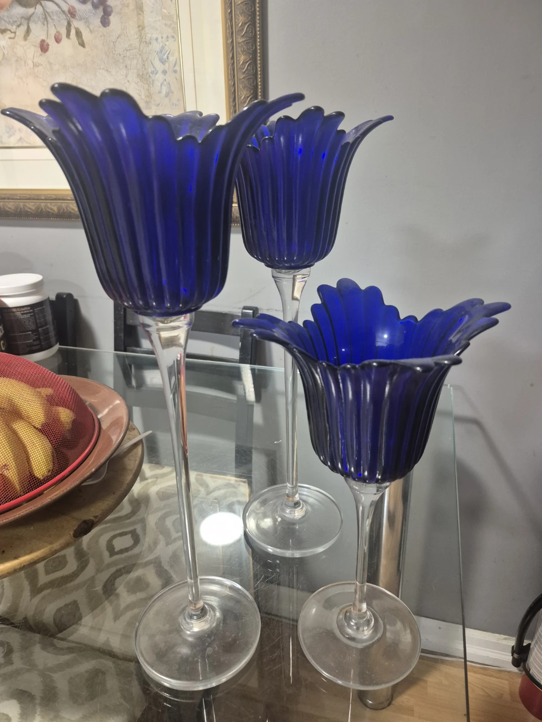 Set of 3  royal blue Glass Flower Candlesticks