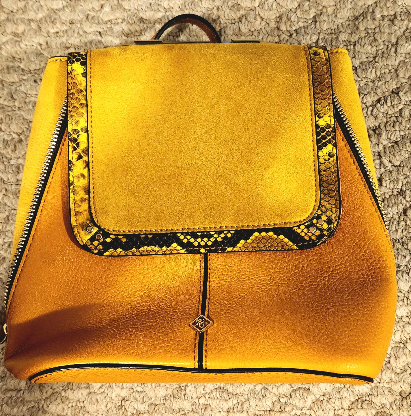 Yellow Backpack with Faux Snakeskin Trim