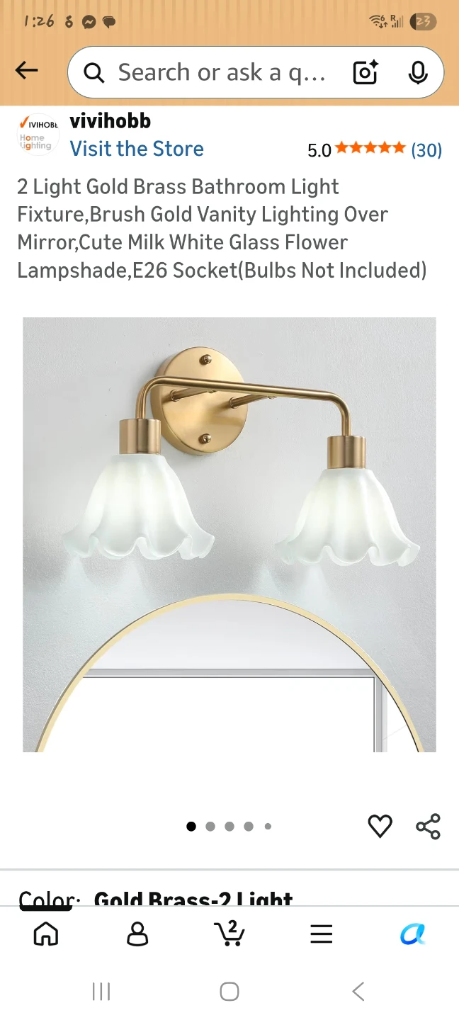 2 Light Gold Brass Bathroom Vanity Light Fixture