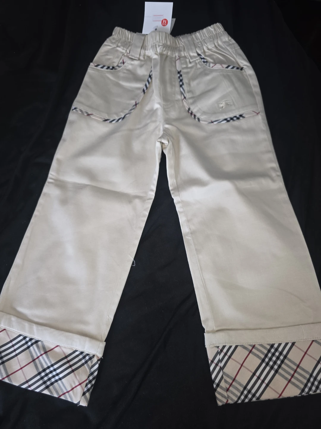 Burberry Beige Cotton Blend Pants with Classic Check Trim - photo 2