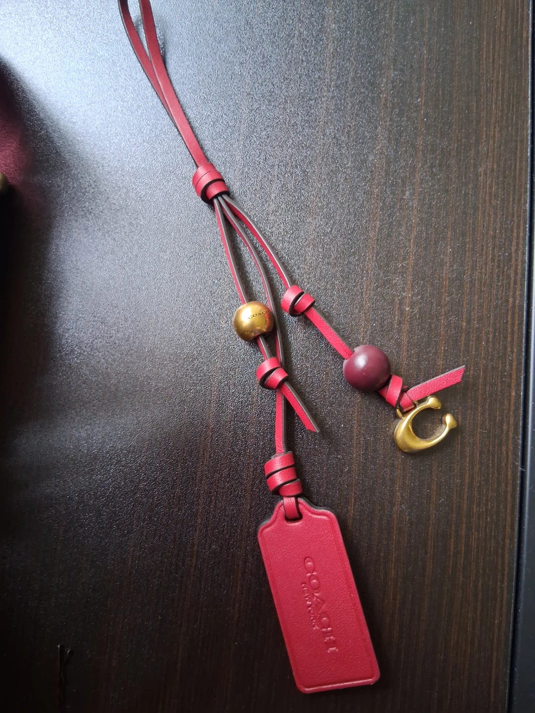 Coach Red Leather Bag Charm with Tag and Beads