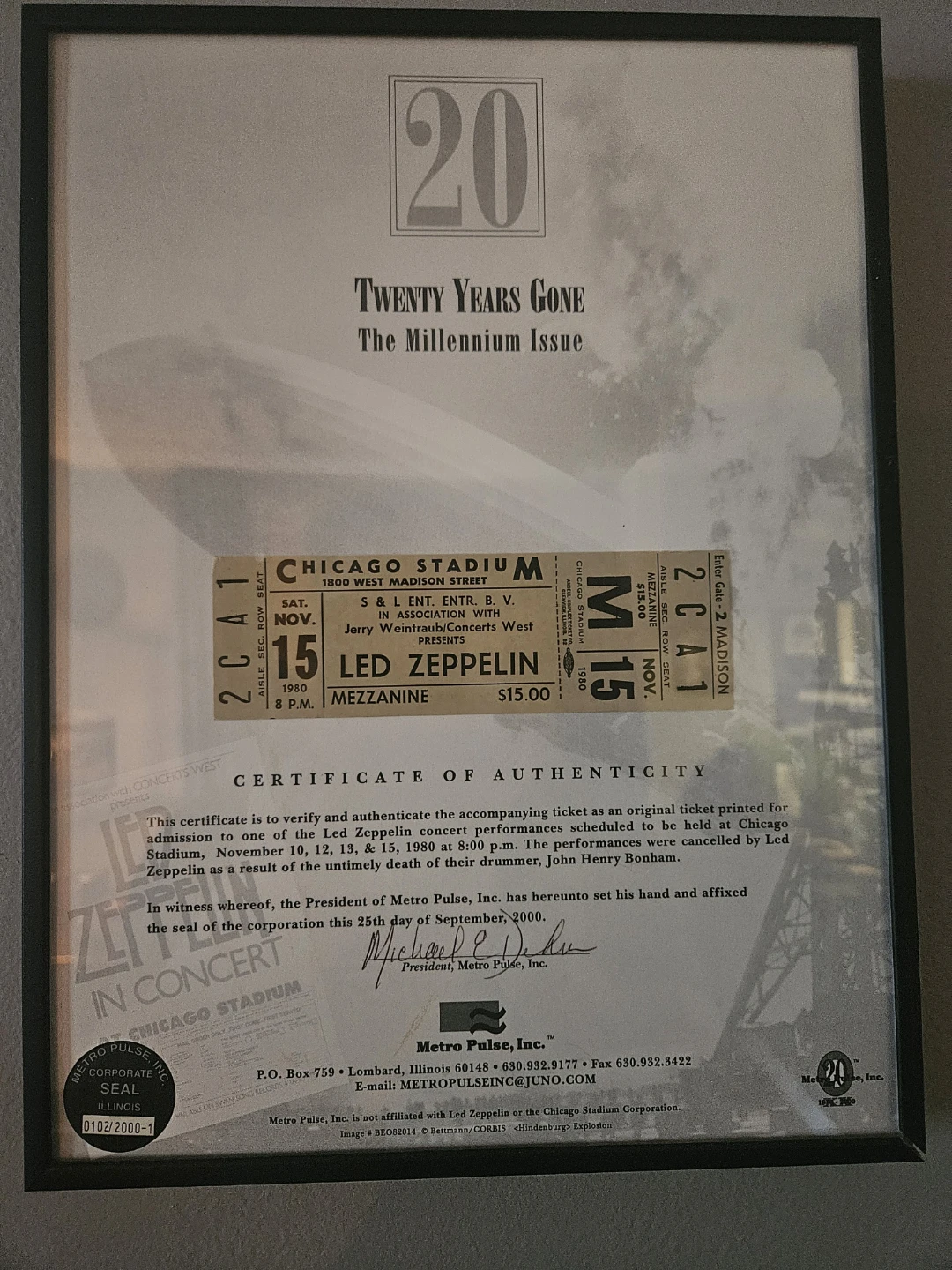 Led Zeppelin "Twenty Years Gone" Certificate of Authenticity