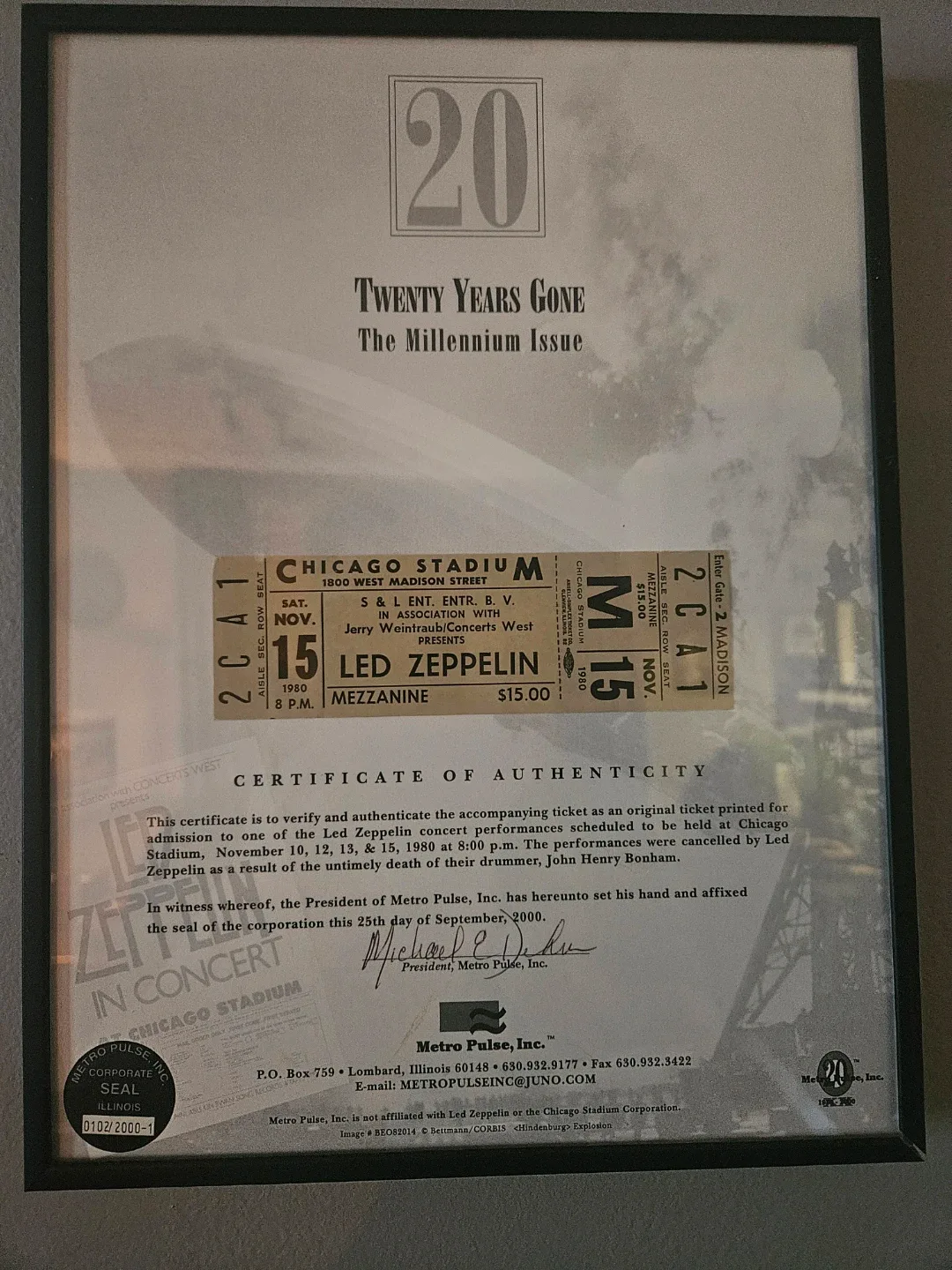 Led Zeppelin "Twenty Years Gone" Certificate of Authenticity