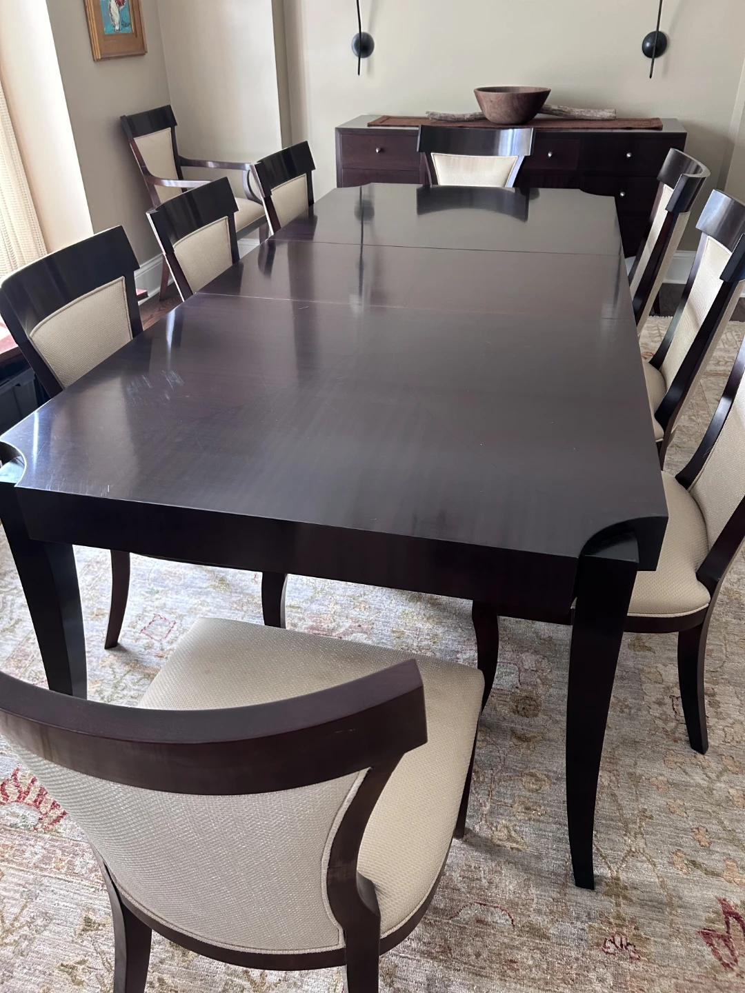 Dark Wood Dining Table with  Upholstered Chairs