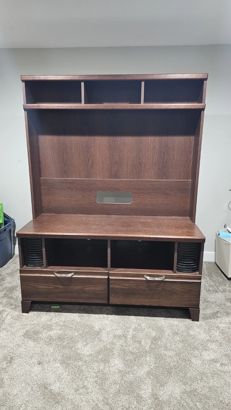 Dark Wood Entertainment Unit with Shelves and Drawers
