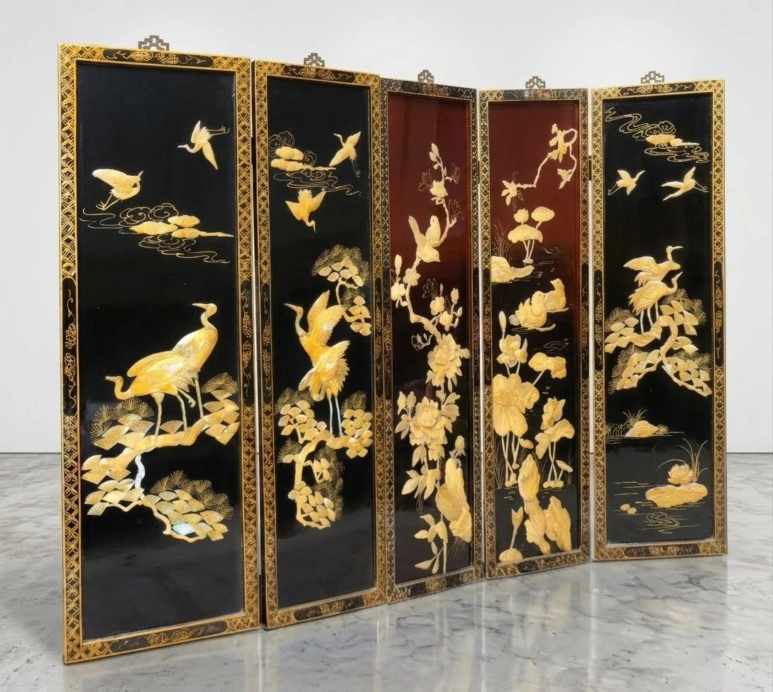 Vintage Chinoiserie Lacquer Wall Art Panels 1950s-70s