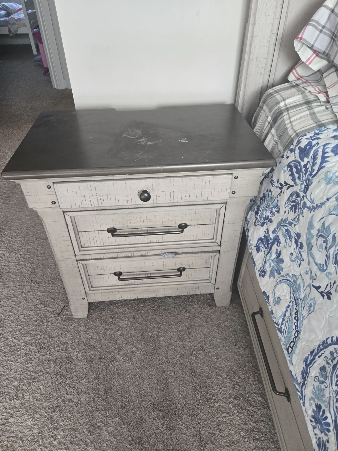 White 3-Drawer Nightstand with Dark Top