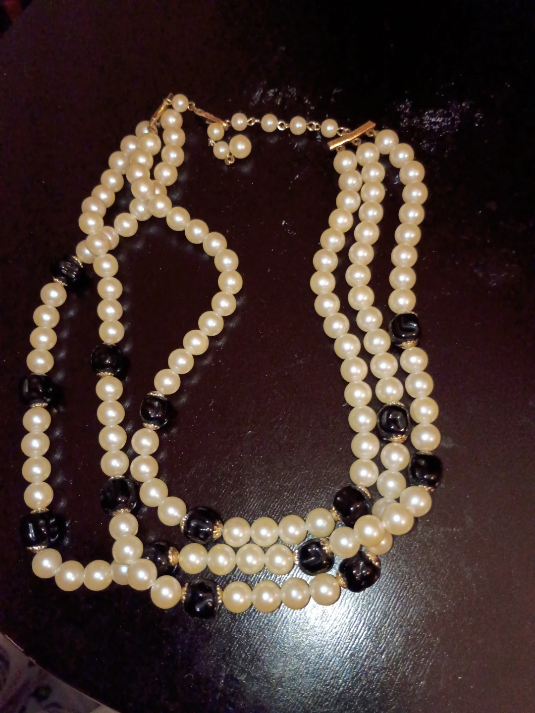 Three-Strand Pearl and Black Bead Necklace