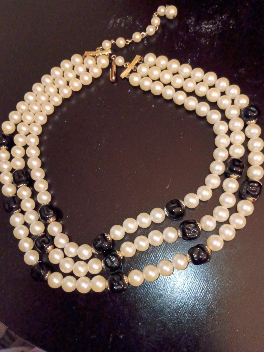 Three-Strand Pearl and Black Bead Necklace - photo 2
