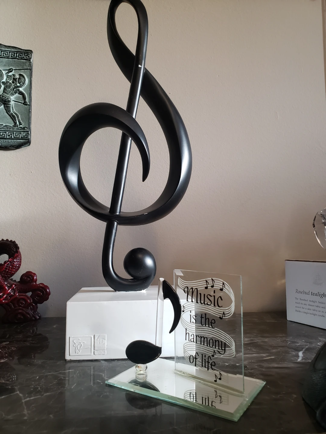 Large Treble Clef Sculpture with "Music is the Harmony of Life"