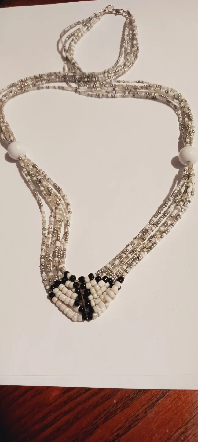 Multi-strand long beaded necklace - Black, White & Silver