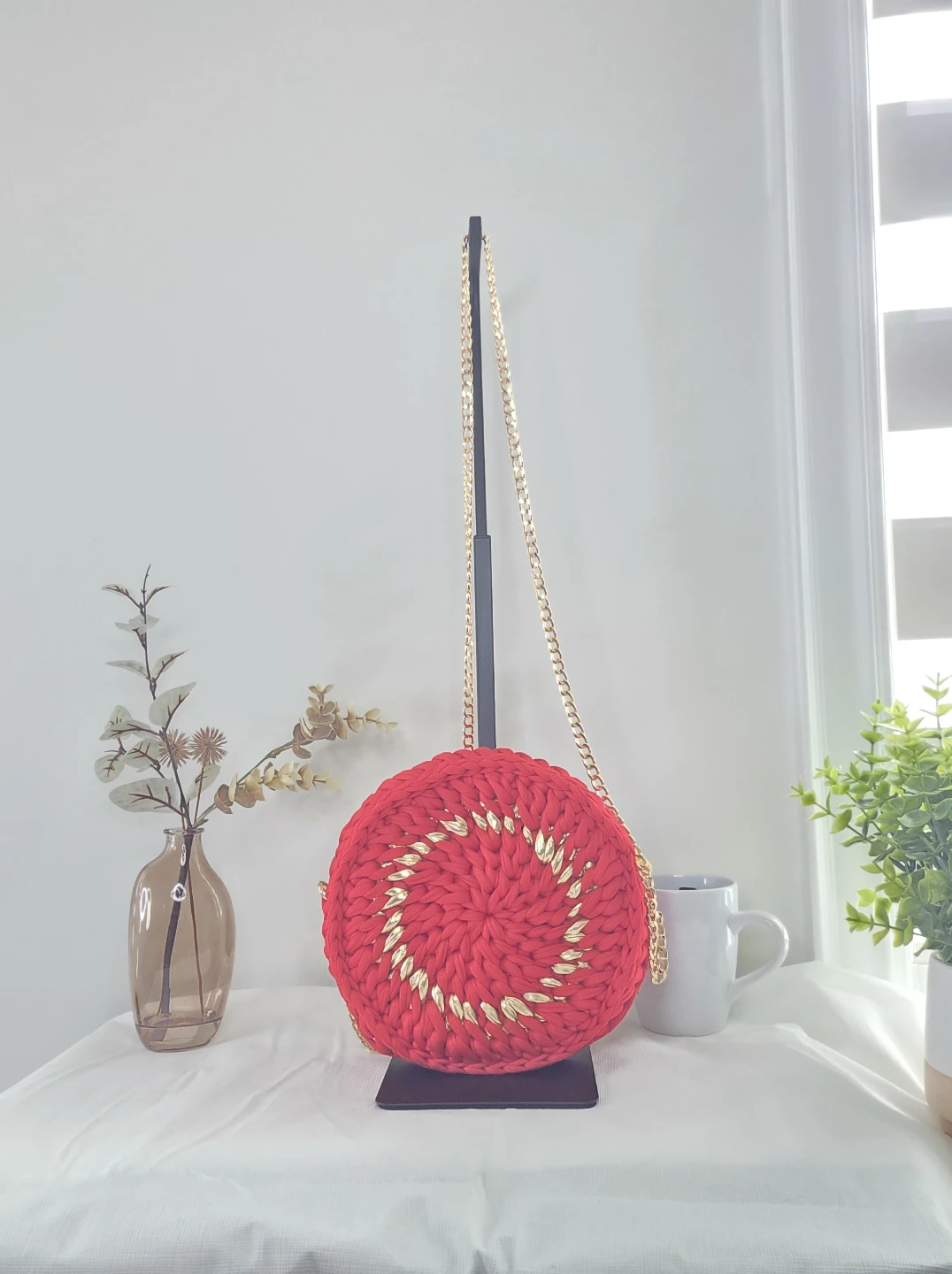 Red Crochet Round Bag with Gold Accents