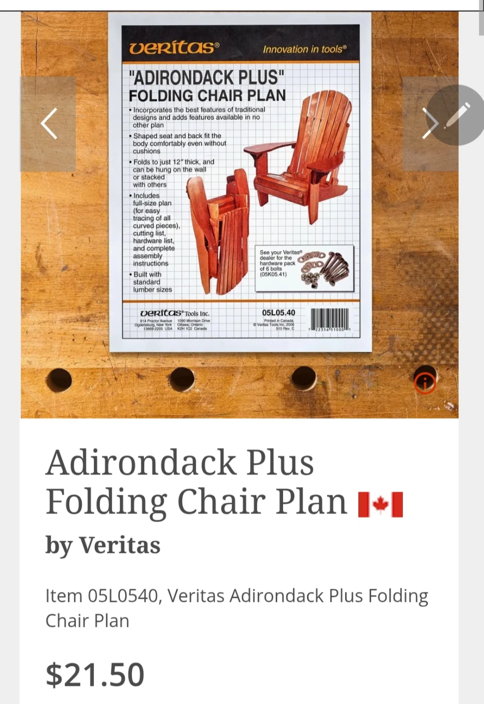 Veritas Adirondack Plus Folding Chair Plan and Hardware - photo 2