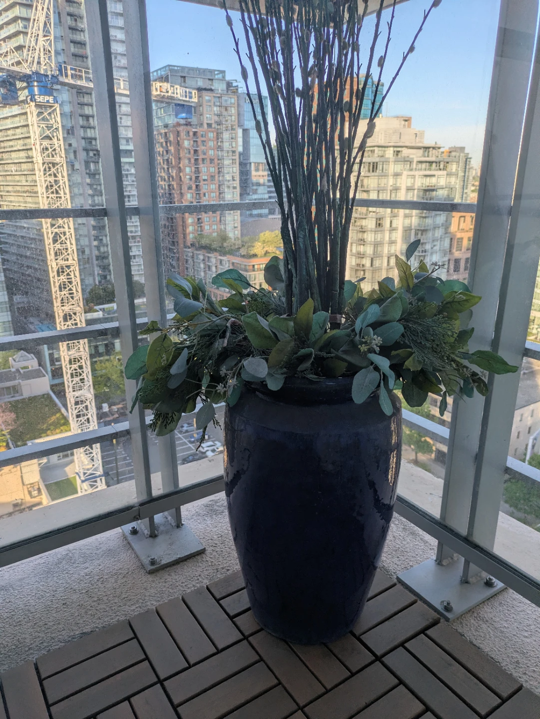 Large Blue Ceramic Vase with Faux Greenery and Willow Branches