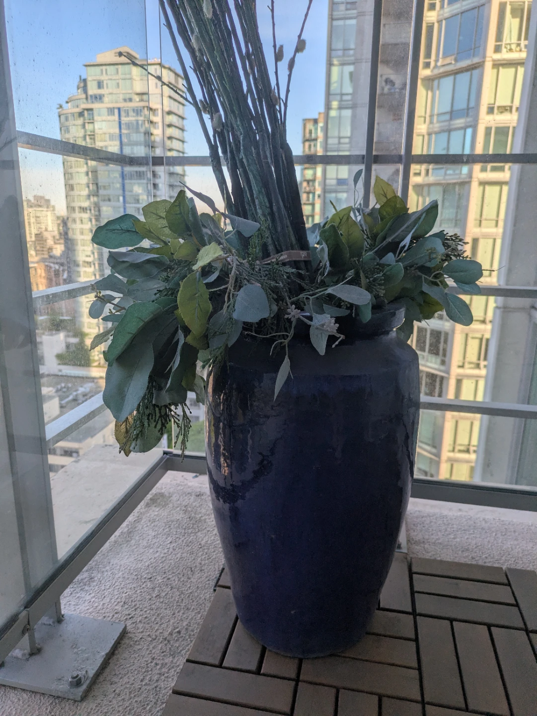 Large Blue Ceramic Vase with Faux Greenery and Willow Branches - photo 2
