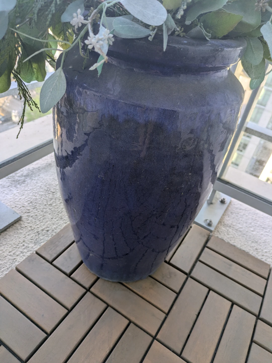 Large Blue Ceramic Vase with Faux Greenery and Willow Branches - photo 3
