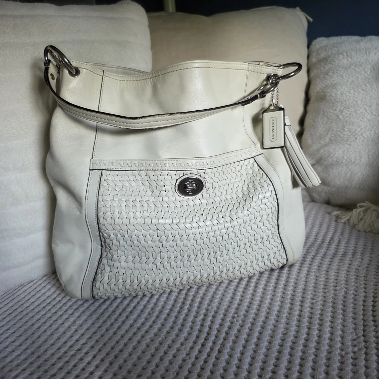 Vintage Coach Cream Leather Woven Hobo Bag