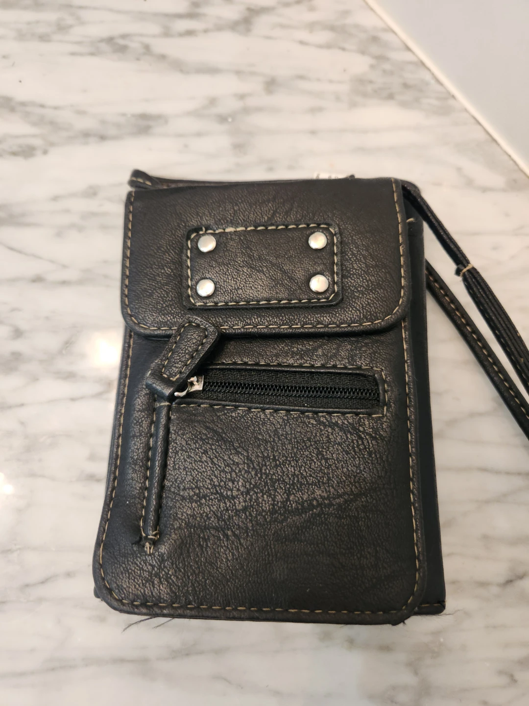Black Faux Leather Tri-Fold Wallet with Strap - photo 3