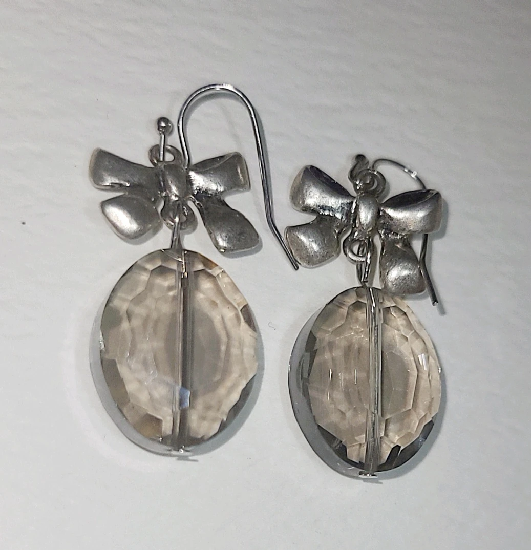 Silver Tone Bow Drop Earrings with Crystal Beads - photo 2