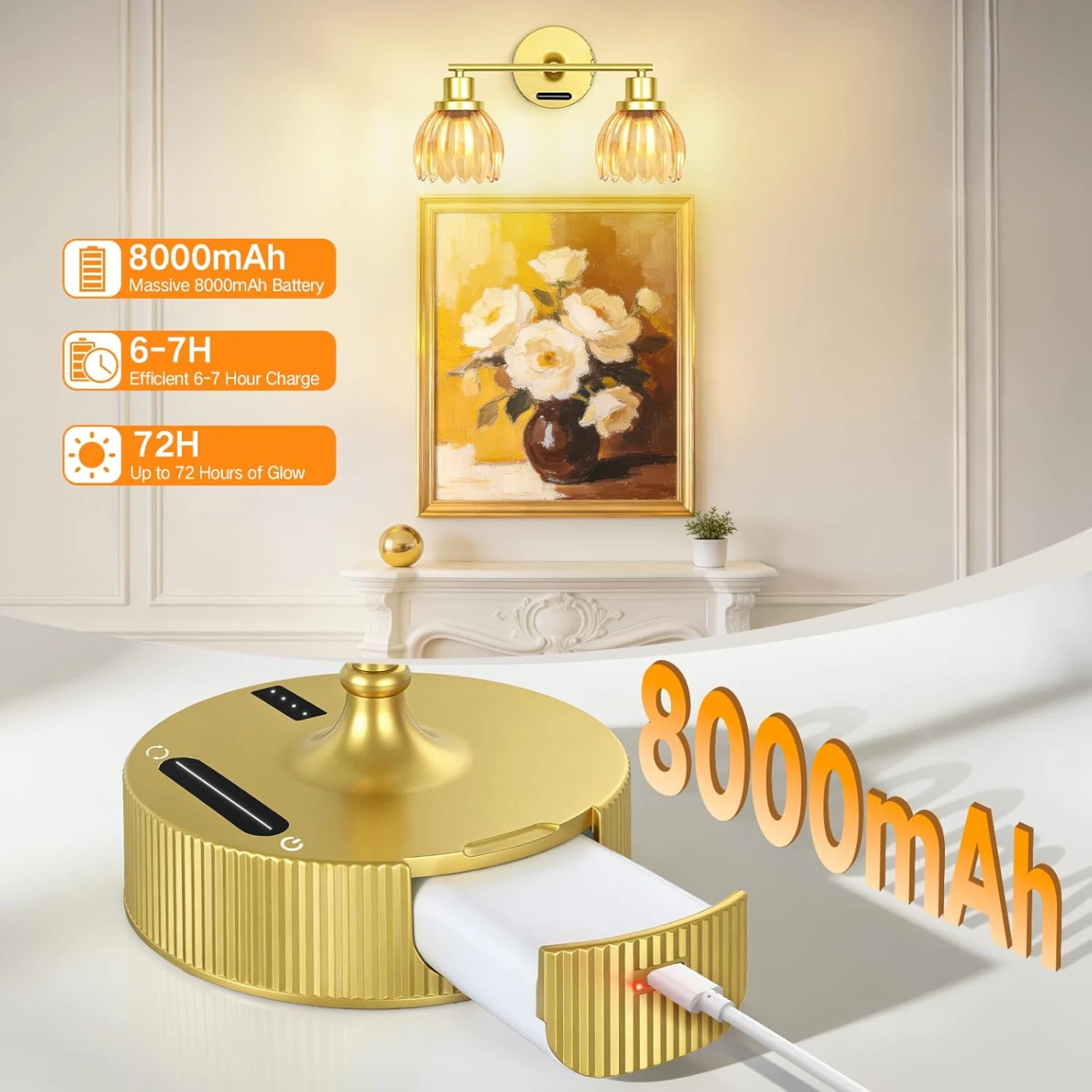 Gold Double Vanity Light Fixture with Amber Glass Shades - photo 5