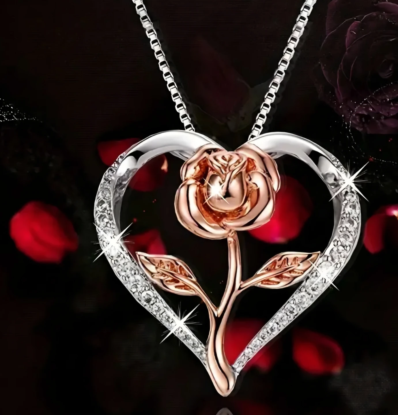 Silvery Heart Rose Necklace with Rhinestones