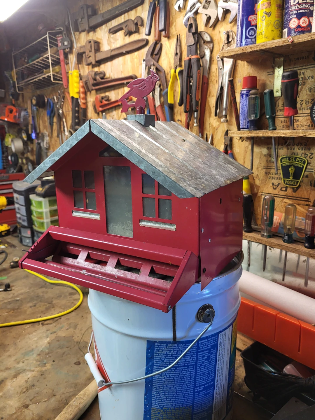 Red Metal Bird Feeder with Cardinal Topper