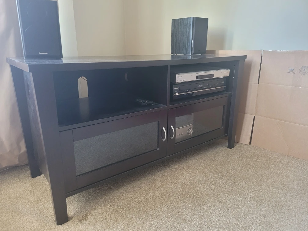 Dark Wood TV Stand with Glass Doors
