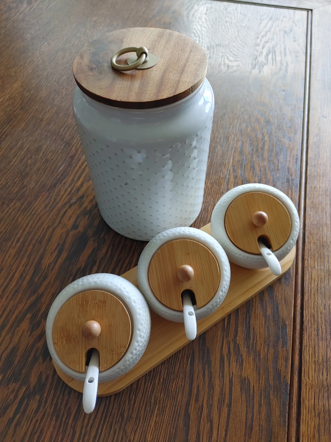 White Ceramic Canister Set with Bamboo Lids