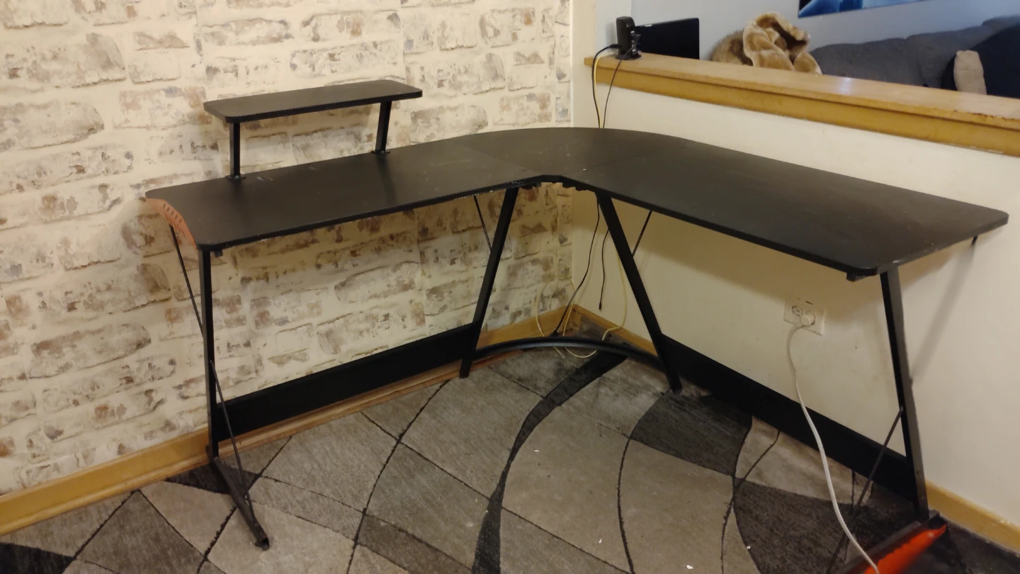 Black L-Shaped Desk with Monitor Shelf