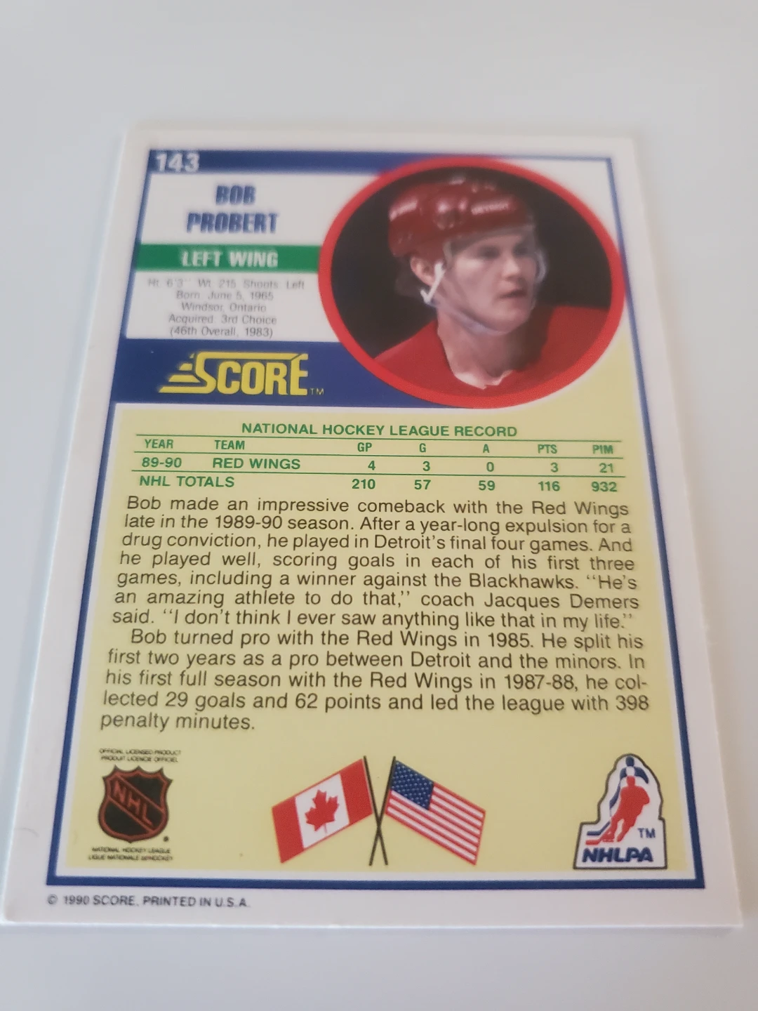 1990 Score Hockey Card - Bob Probert - photo 2