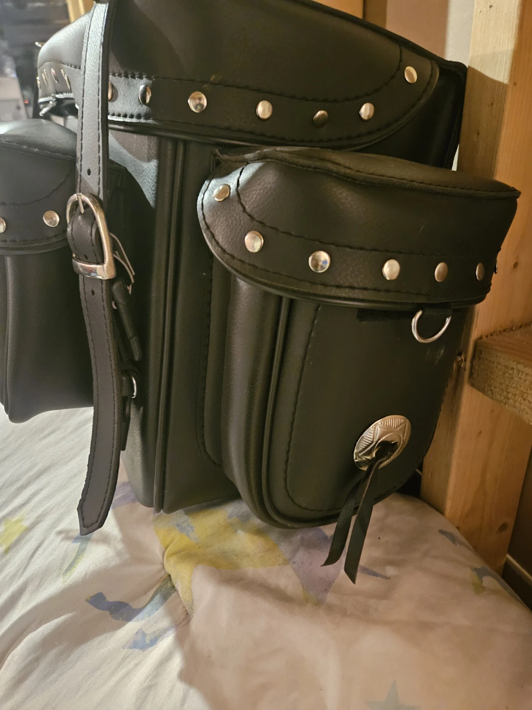 Black Faux Leather Motorcycle Saddlebags with Studs - photo 2
