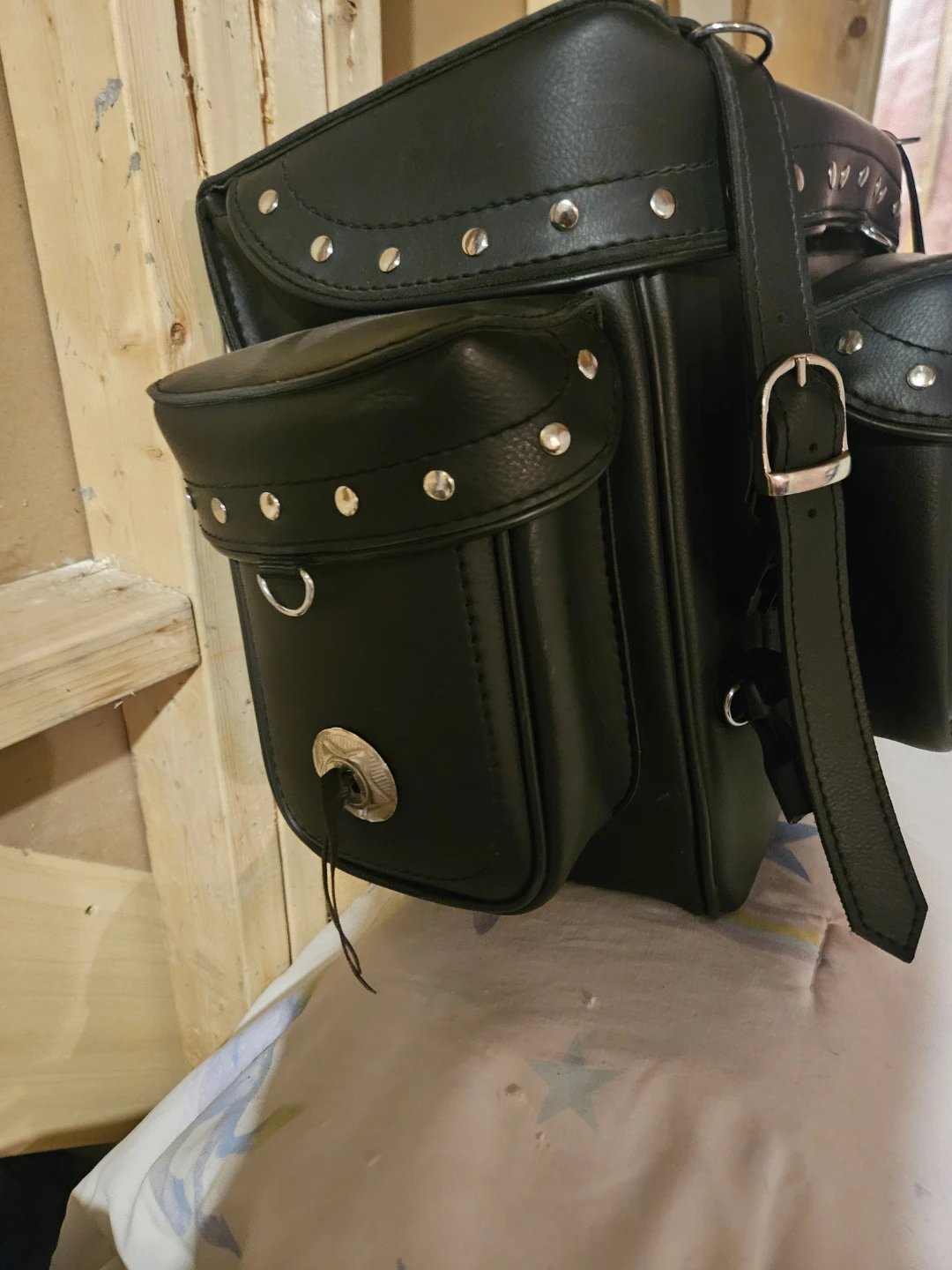 Black Faux Leather Motorcycle Saddlebags with Studs - photo 3