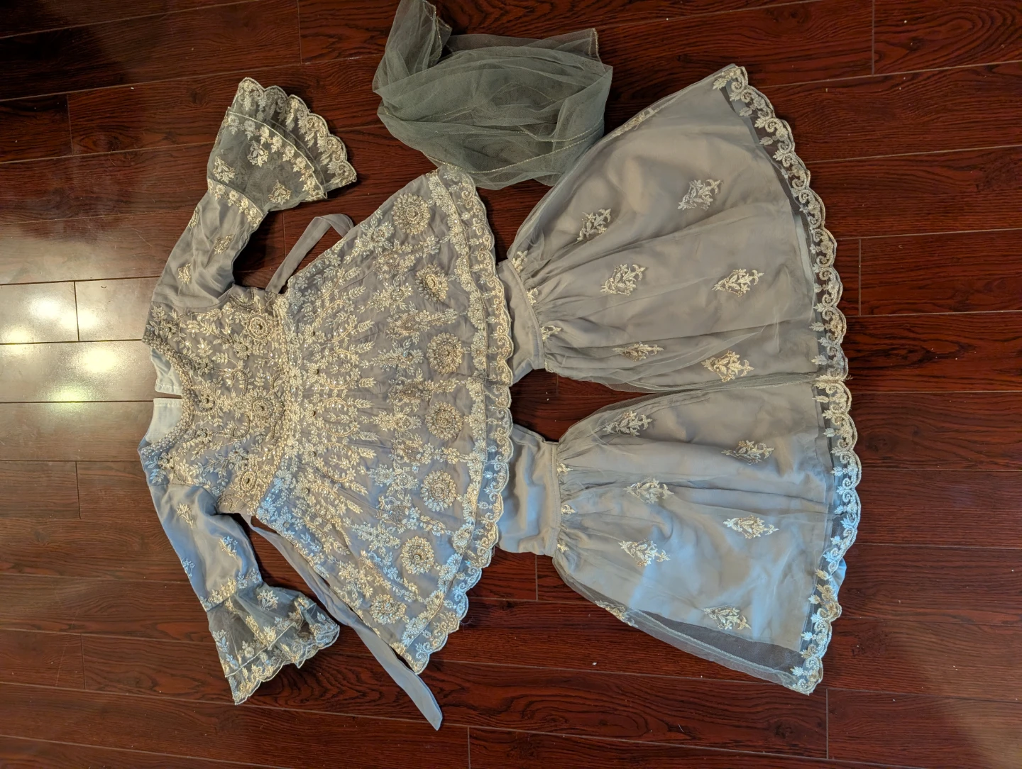 Girl's Embroidered Grey Sharara Suit with Dupatta