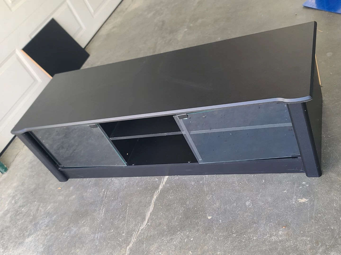 Black Media Console with Shelves and Glass Doors