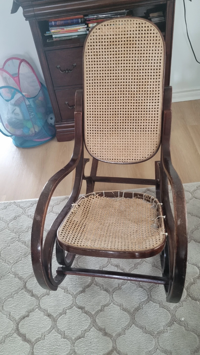 Vintage Wood Rocking Chair with Cane Back and Blue Cushion - photo 4