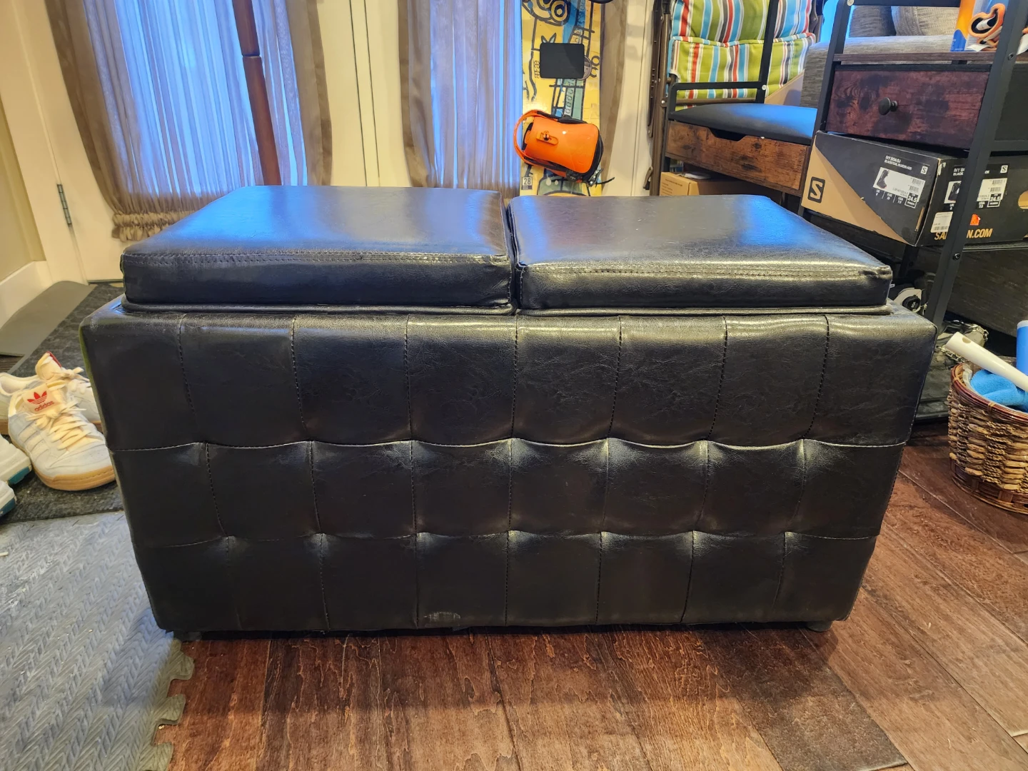 Black Faux Leather Storage Ottoman with Trays