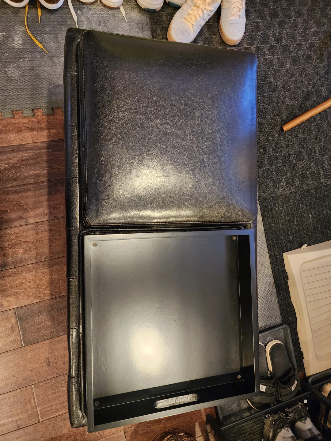Black Faux Leather Storage Ottoman with Trays - photo 3