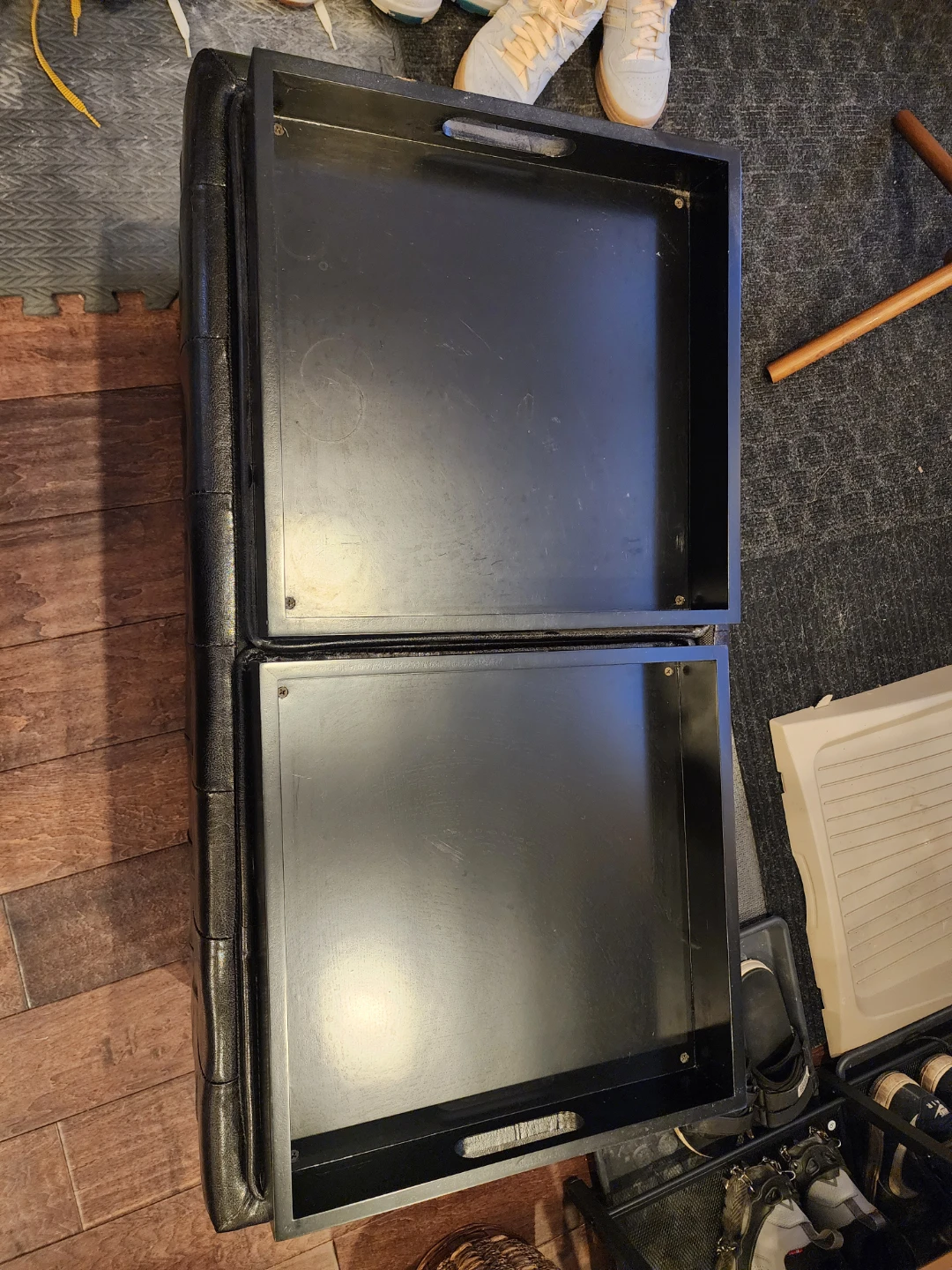 Black Faux Leather Storage Ottoman with Trays - photo 4