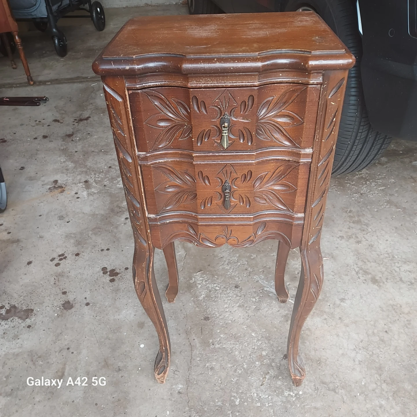 Vintage Carved Wood Nightstand / Side Table
