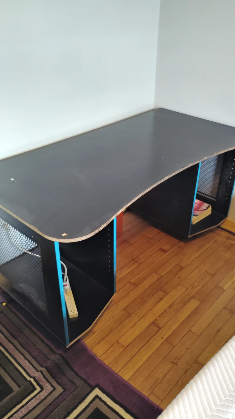 Black and Blue Curved Desk with Shelving