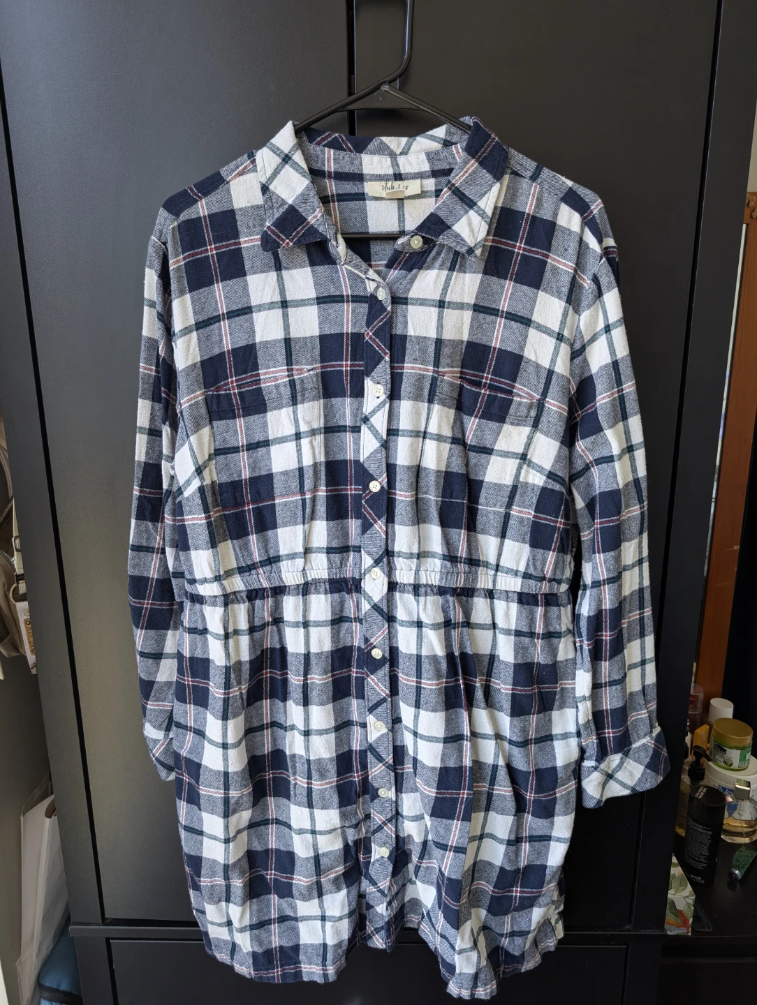 White & Blue Plaid Button-Up Shirt Dress