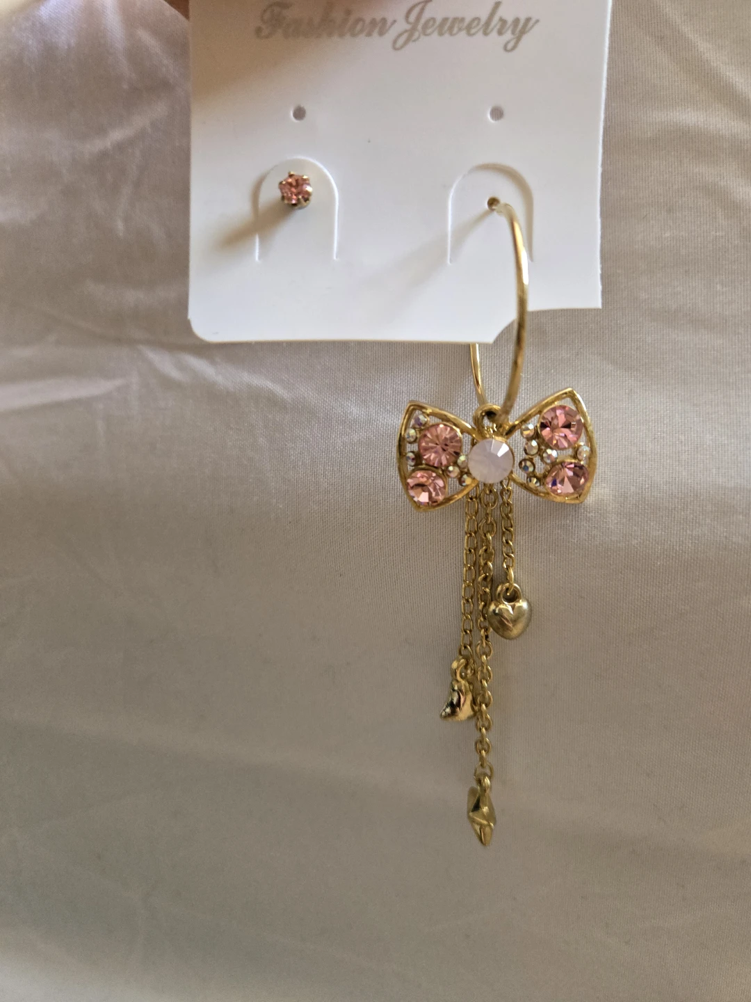 Pink Jewel Ribbon Bow Heart Star Jewelry Hoop Stud Earrings