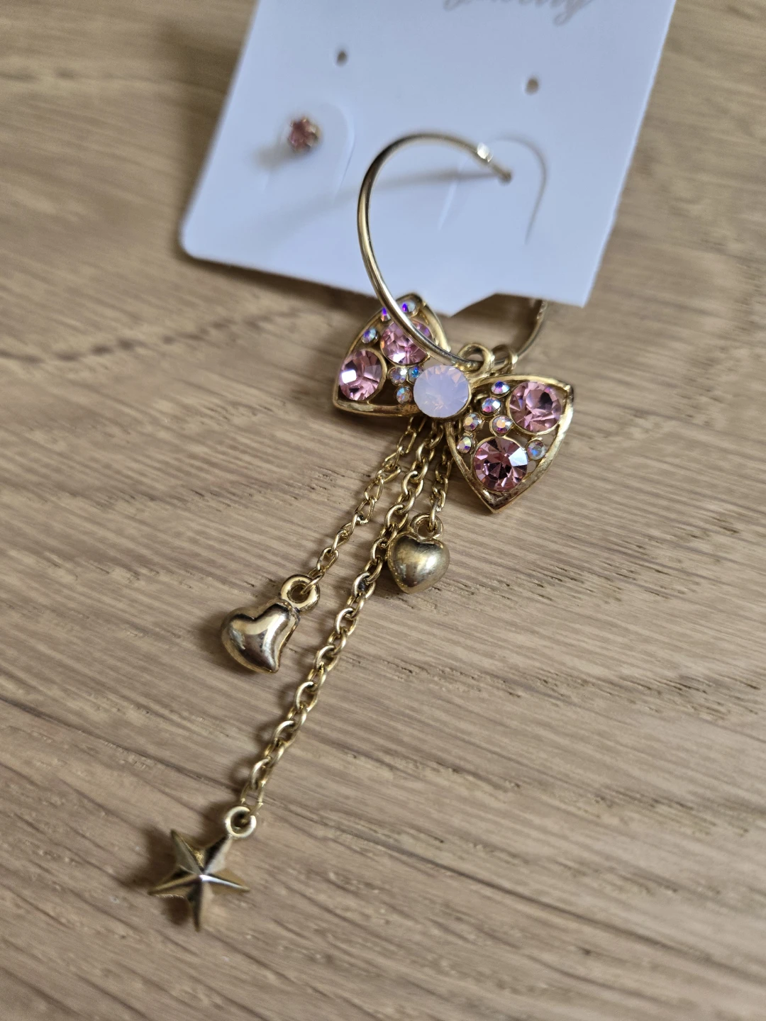 Pink Jewel Ribbon Bow Heart Star Jewelry Hoop Stud Earrings - photo 2