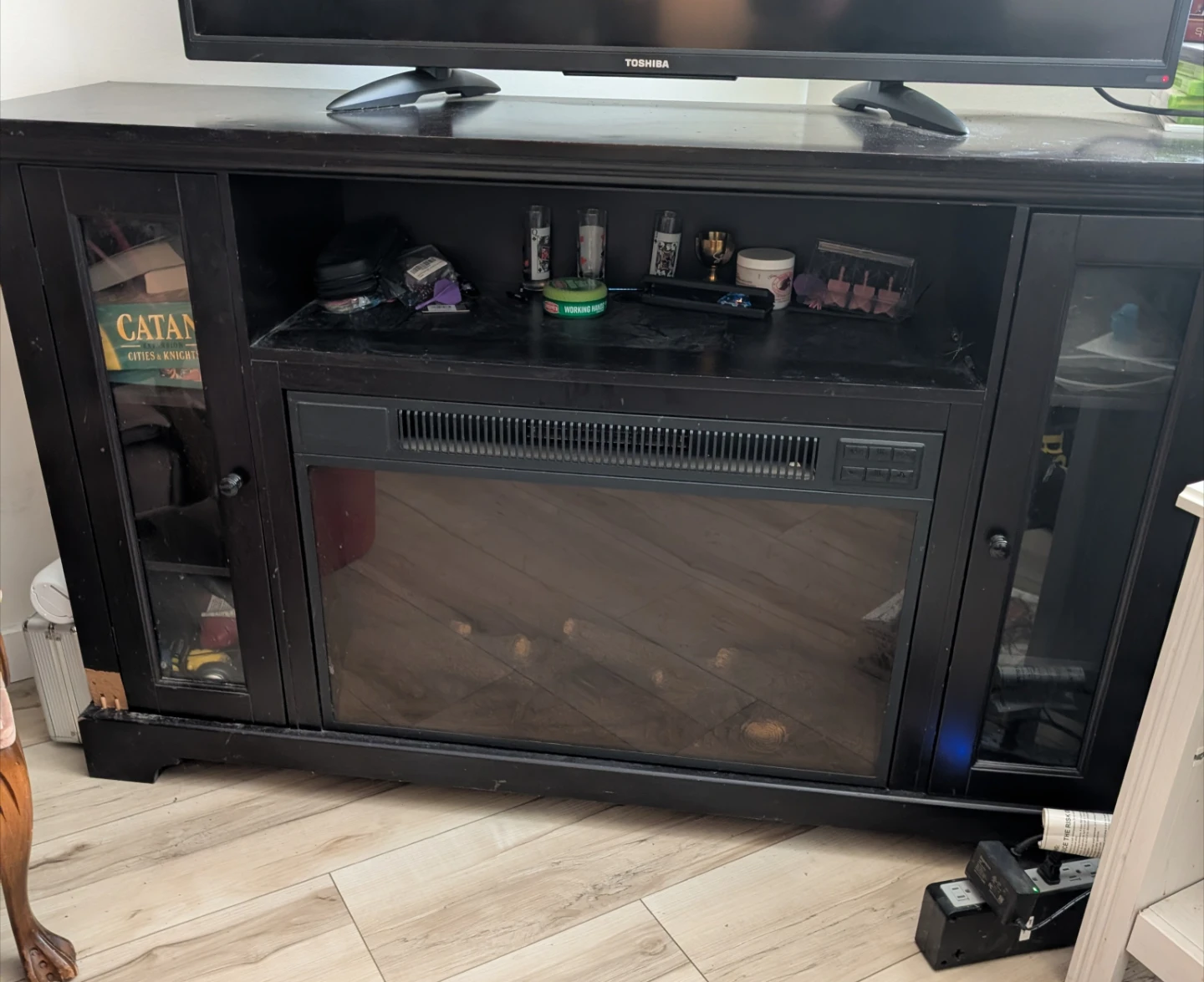 Black Electric Fireplace TV Stand with Glass Doors